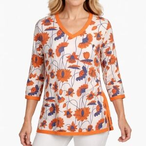 Gretchen Scott Floral Print Tunic Top Cotton White Blue Orange Size Small